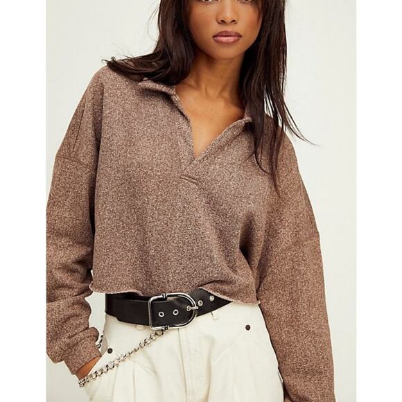 Free People Tops - Free People Beach Long Sleeve Cropped Pullover Sweatshirt Womens M Brown V Neck